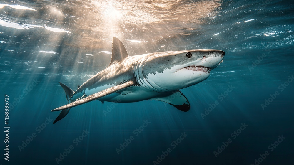 Fototapeta premium Sharks in Motion with Dramatic Lighting Underwater
