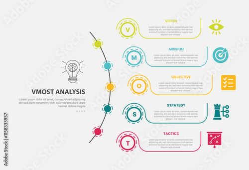 vmost analysis infographic outline style with 5 point template with long half circle line with dotted circle line point for slide presentation