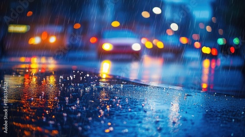 Rainy city street at night with blurred car lights and reflections on wet pavement creating an atmospheric moody scene with copy space photo