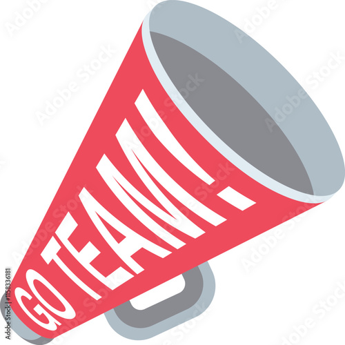 A red and white cheerleader's horn with the words "Go Team" written on it. The horn is upside down