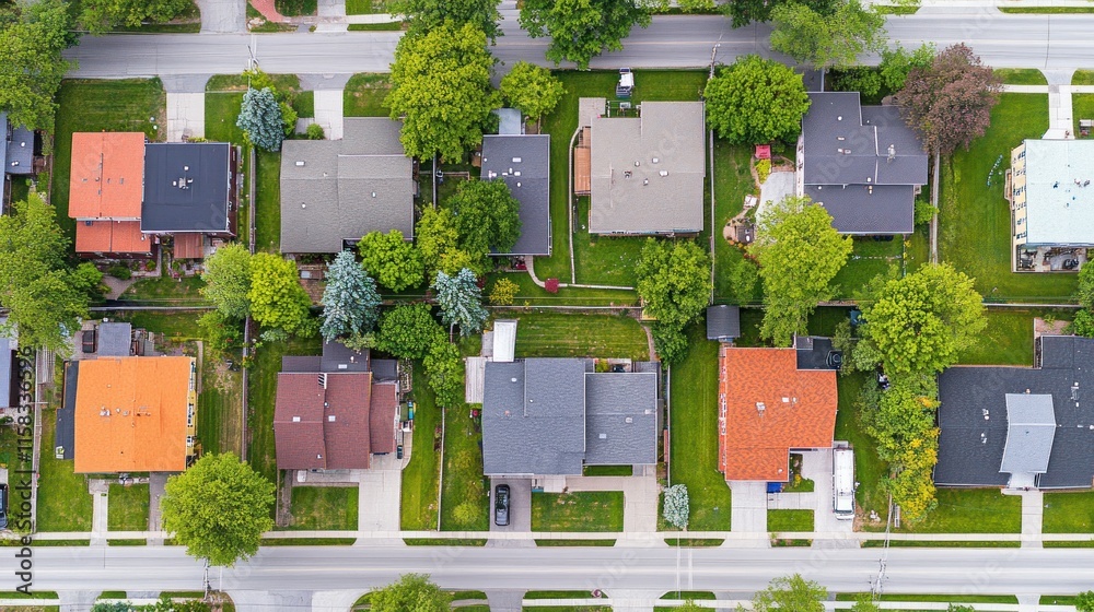 Fototapeta premium Aerial view of suburban neighborhood with houses, trees, and streets.