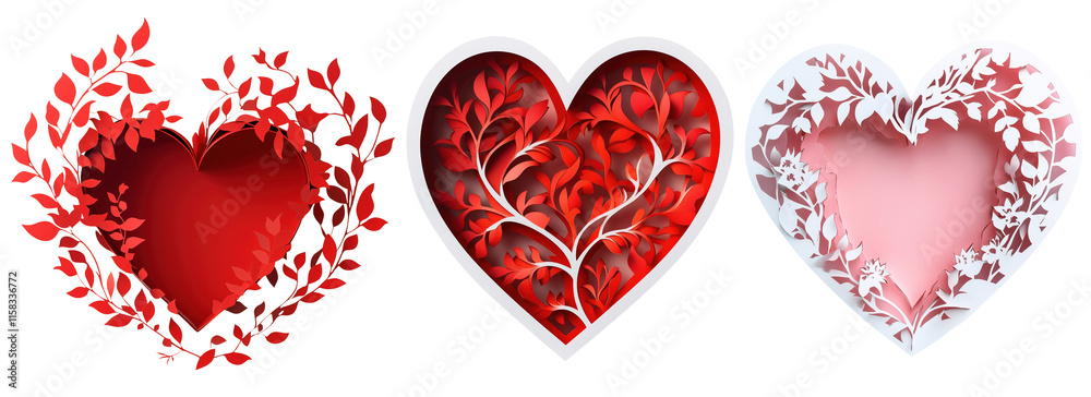 Set of isolated three hearts in papercut art style, red and pink color tones a transparent background. Set of isolated three hearts in papercut art style, red and pink color tones a transparent background.