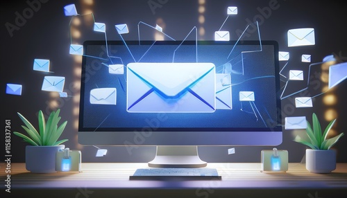 A vibrant computer screen displaying an animated email interface, with floating email icons and plants, symbolizing digital communication and connectivity.