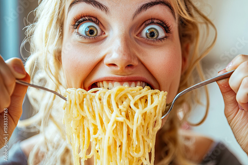 Giant female mouth and big eyes, woman eating delicious Italian pasta photo