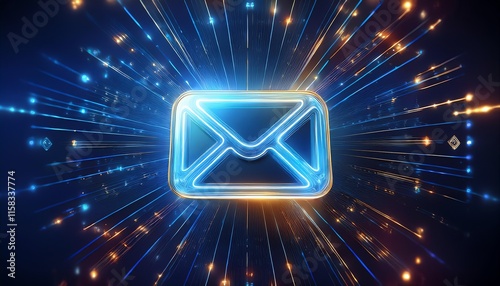 A glowing email icon surrounded by vibrant light trails, symbolizing digital communication and connectivity.