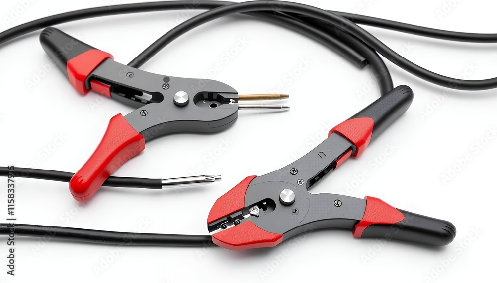 Red-handled Wire Strippers and Cutters with Black Cable - a Detailed Close-up Red-handled Wire Strippers and Cutters with Black Cable - a Detailed Close-up