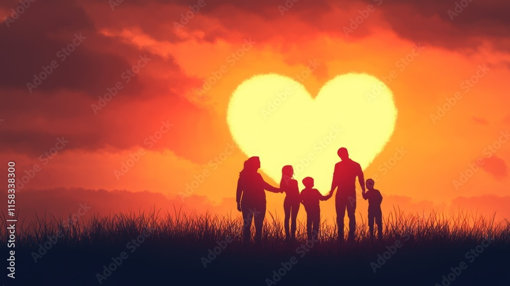Silhouette of a family of five at sunset, heart-shaped sun in the background. Silhouette of a family of five at sunset, heart-shaped sun in the background.
