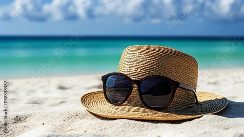 Relaxing summer day at the beach with sunglasses and a hat resting on soft sand