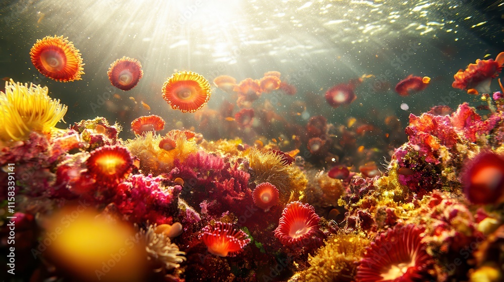 Vibrant Anemones in Gentle Sunlight Underwater Scene Vibrant Anemones in Gentle Sunlight Underwater Scene