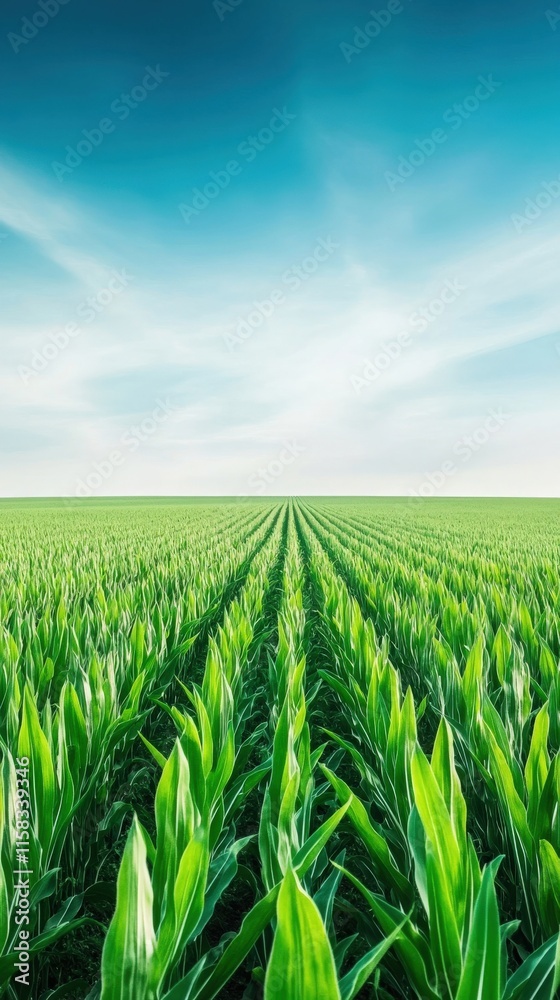 Lush Green Cornfield Under a Clear Blue Sky with Gentle Clouds and Expansive Horizon Showcasing the Beauty of Agricultural Landscapes and Nature's Tranquility Lush Green Cornfield Under a Clear Blue Sky with Gentle Clouds and Expansive Horizon Showcasing the Beauty of Agricultural Landscapes and Nature's Tranquility