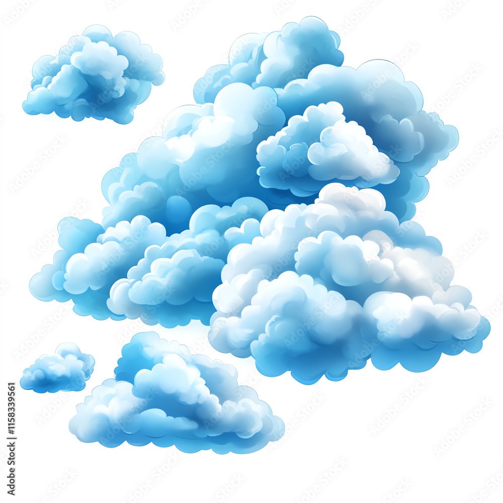 Fluffy blue clouds, white isolate background, perfect for serene skies or weather-themed designs. Fluffy blue clouds, white isolate background, perfect for serene skies or weather-themed designs.