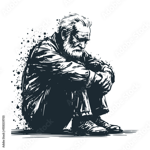 The sad old man. Black white logo icon vector isolated. 