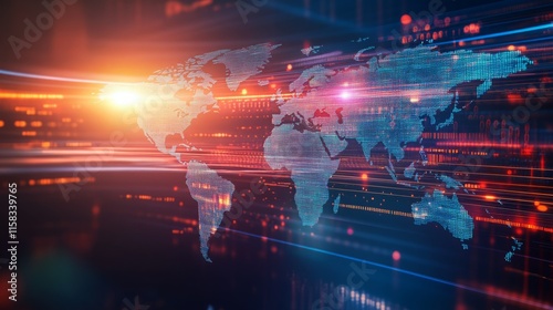 Global network connection. Digital world map with data streams.