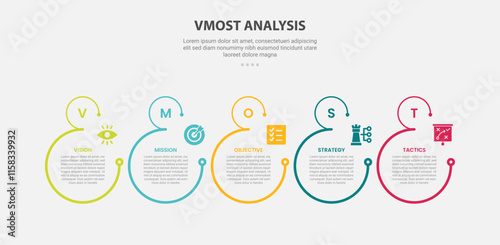 vmost analysis infographic outline style with 5 point template with open big circle with small at top for slide presentation photo