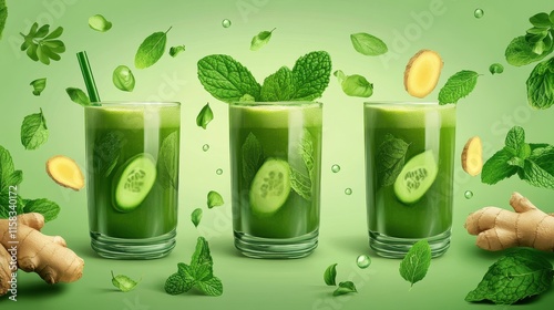 Green detox juice with ginger and mint in glasses and jars. photo