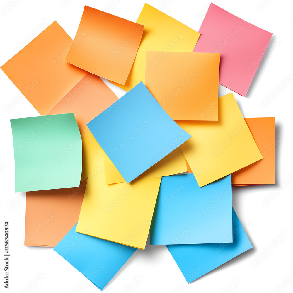 Colorful sticky notes scattered, isolated on a white background, ideal for reminders and organizational purposes. Colorful sticky notes scattered, isolated on a white background, ideal for reminders and organizational purposes.