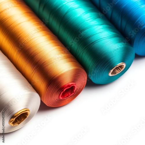 Vibrant spools of sewing thread in various colors arranged neatly, showcasing their texture and sheen on a white isolate background. photo