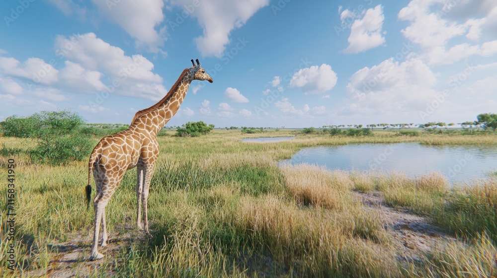 Obraz premium A giraffe stands in a serene landscape near a water body under a blue sky.