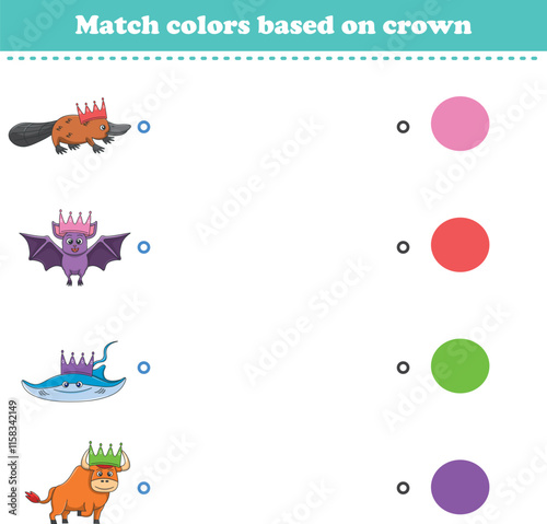 Match the color of the animal's crown. Educational game for color recognition