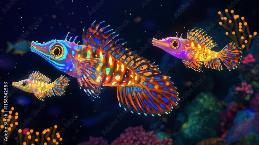 Fototapeta premium Vibrant Creatures in a Dark Ocean Environment