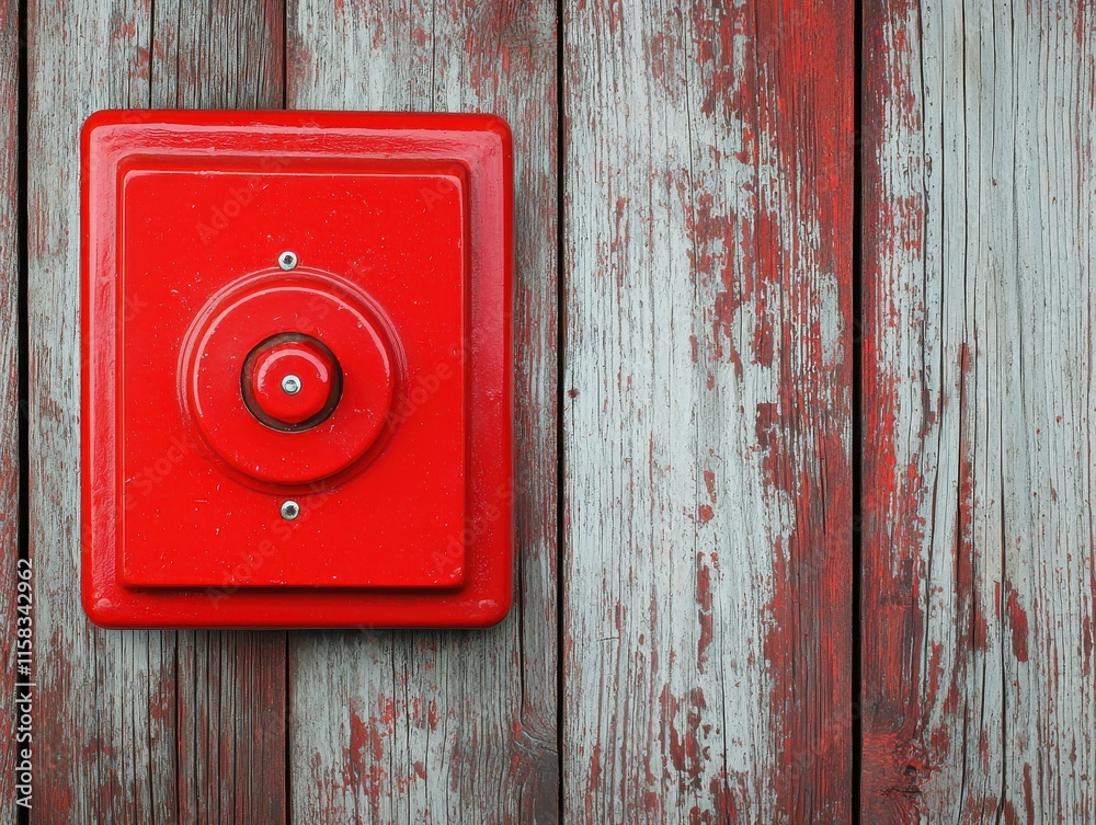A close-up of a red alarm button on a weathered wooden wall. A close-up of a red alarm button on a weathered wooden wall.