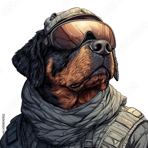 Rottweiler Dog in Military Gear and Goggles, Stylized Illustration. photo