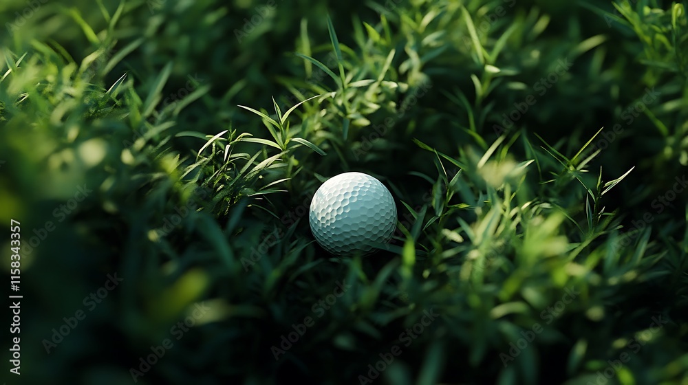 Golf ball nestled in green grass field captured in sharp detail Golf ball nestled in green grass field captured in sharp detail
