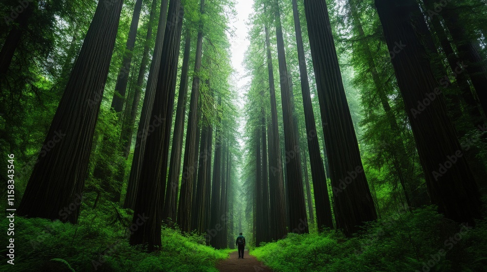 Fototapeta premium Serene Landscape of Tall Redwood Trees with Lush Green Underbrush and a Lonely Figure Walking Along a Narrow Path Through the Forest in Foggy Atmosphere