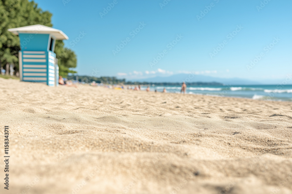 Fototapeta premium A bright sunny day at the beach with families and friends enjoying the warmth and beauty of spring, playing, swimming, and relaxing under clear skies.