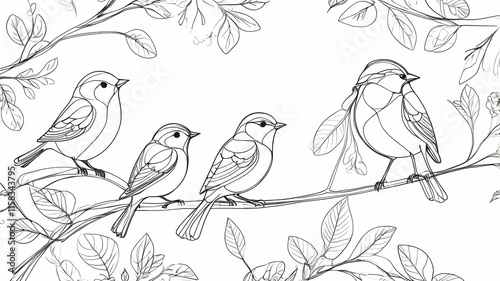 Abstract small birds perched on branch drawing. Birds set continuous one line drawing. Spring season concept in doodle style. Sketch. Garden, forest birds collection. Hand drawn vector illustration