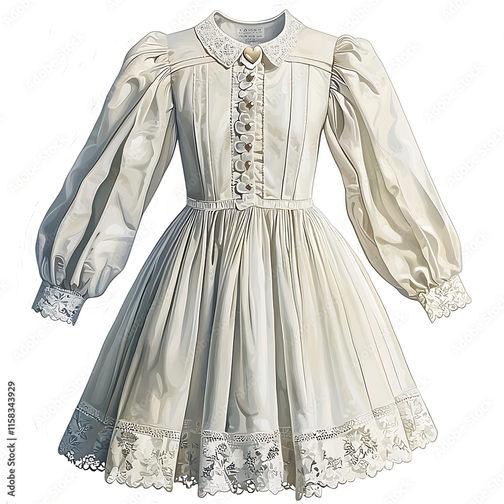 Obraz premium Elegant Off-White Girl's Dress with Puff Sleeves and Lace Trim, Isolated on White Background.