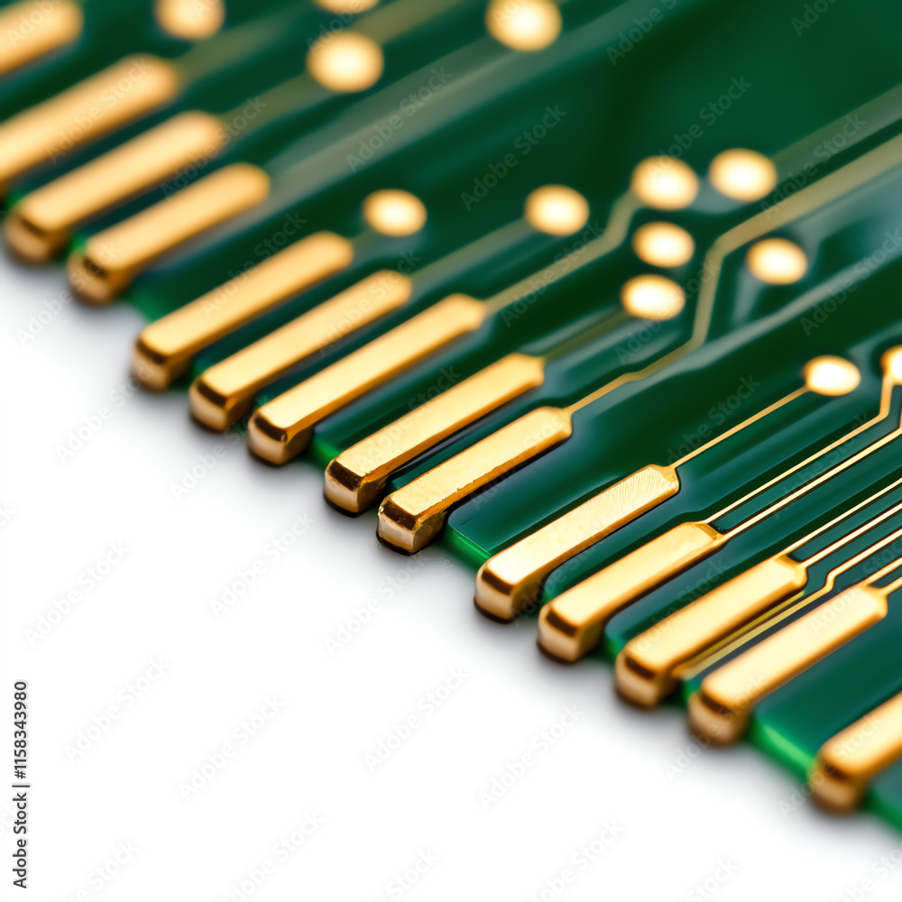 Close-up view of a green circuit board with gold connectors, showcasing intricate electronic design and technology. Close-up view of a green circuit board with gold connectors, showcasing intricate electronic design and technology.