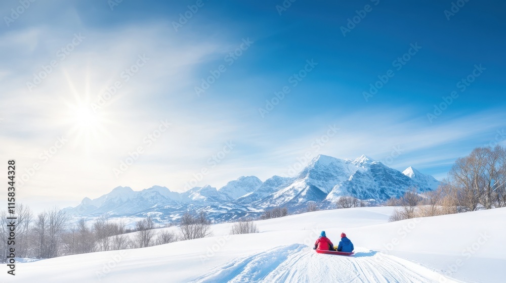 Two People in Colorful Snowsuits Sitting on a Snowy Slope with Majestic Mountains and Bright Sunlight in the Background on a Clear Winter Day Two People in Colorful Snowsuits Sitting on a Snowy Slope with Majestic Mountains and Bright Sunlight in the Background on a Clear Winter Day