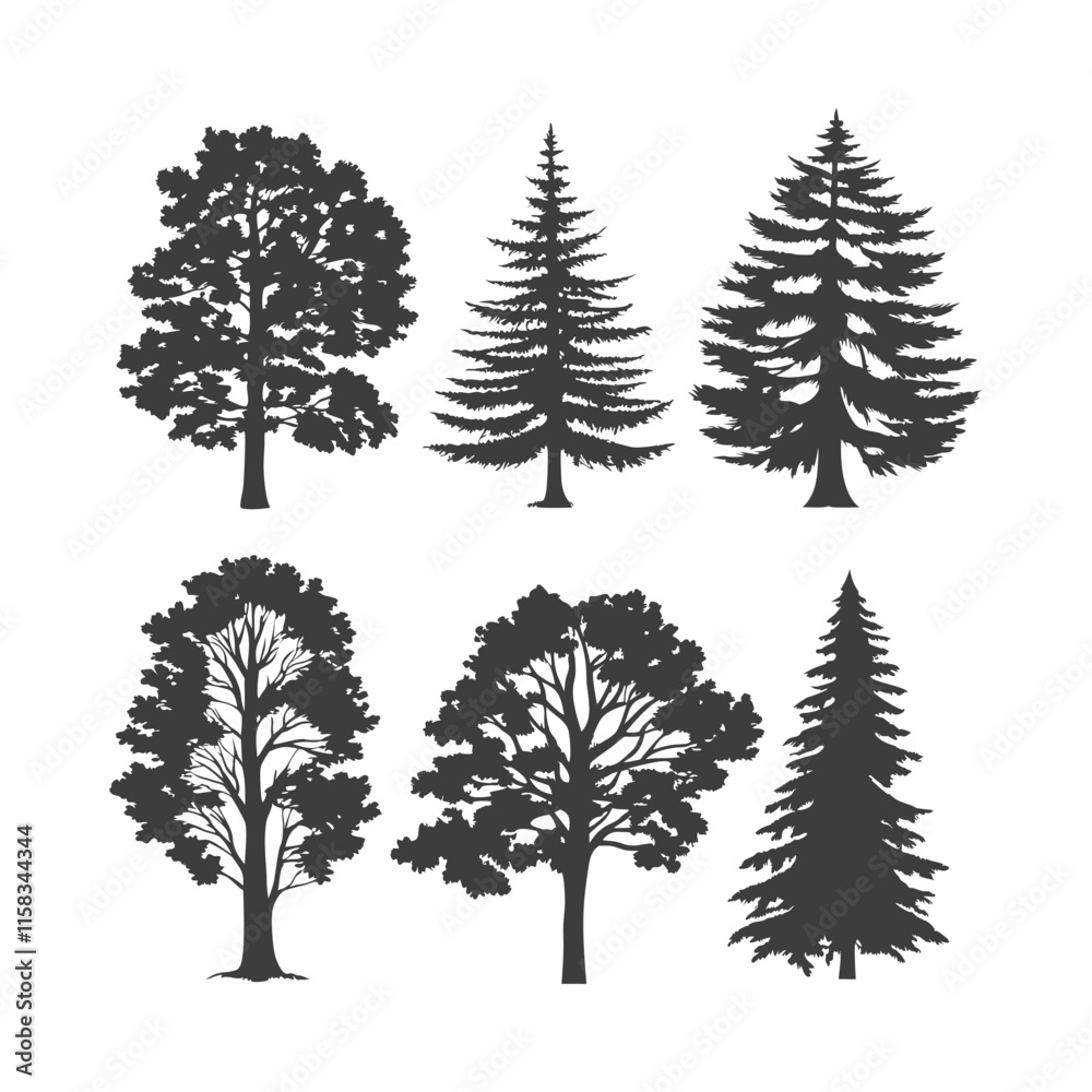 Fototapeta premium Minimalist Tree Silhouette Vector Art Set Ideal for Nature, Environment, and Landscape Designs