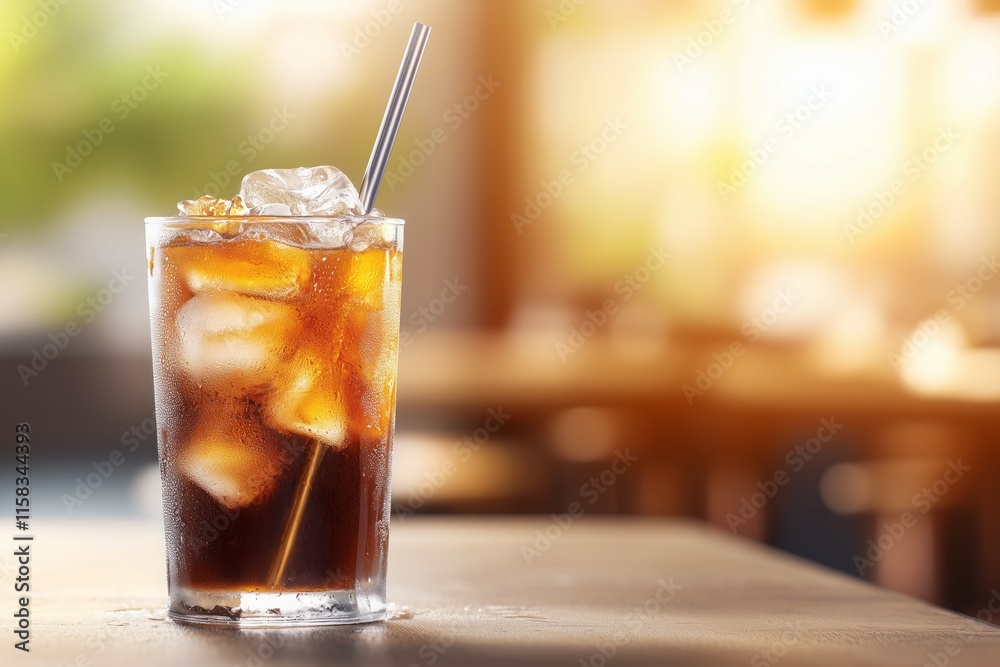 Glass Iced coffee with ice cubes a metal straw, against a blurred café background, with copy space. Glass Iced coffee with ice cubes a metal straw, against a blurred café background, with copy space.