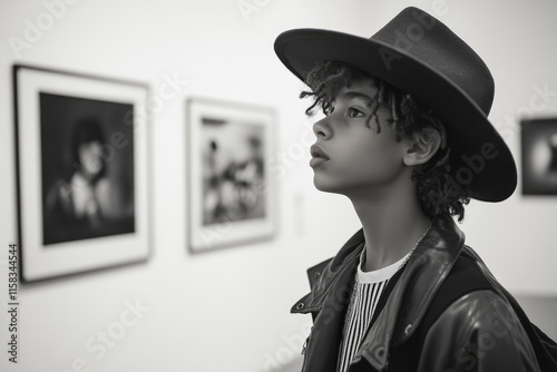 Gen Z boy at a contemporary photography exhibit, admiring black-and-white prints, casual yet artsy attire, bright gallery space, creative and cultural environment photo