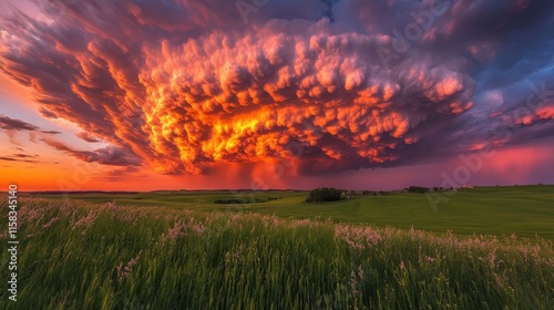 Fiery Sunset with Dramatic Mammatus Clouds
