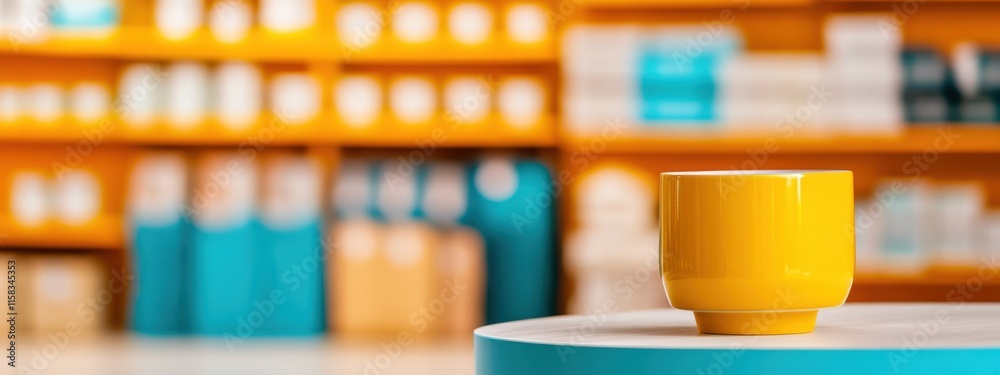 Bright Yellow Ceramic Cup on a Minimalist Table with a Colorful Background of Shelves Filled with Packaged Goods and Products in a Modern Retail Space Bright Yellow Ceramic Cup on a Minimalist Table with a Colorful Background of Shelves Filled with Packaged Goods and Products in a Modern Retail Space