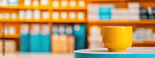 Wallpaper Mural Bright Yellow Ceramic Cup on a Minimalist Table with a Colorful Background of Shelves Filled with Packaged Goods and Products in a Modern Retail Space Torontodigital.ca