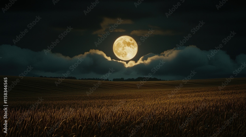 A serene night scene featuring a large moon over a golden field under cloudy skies. A serene night scene featuring a large moon over a golden field under cloudy skies.