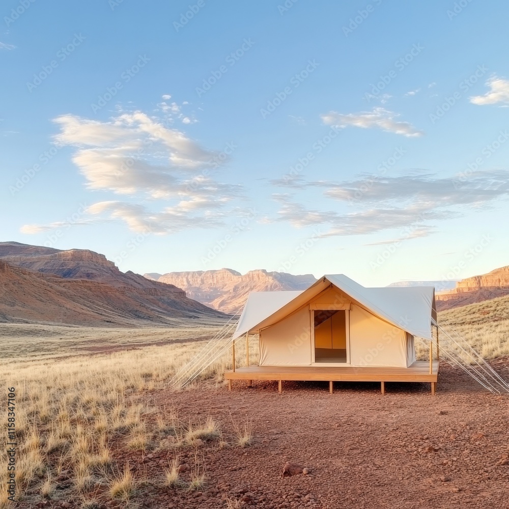 Scenic View of a Modern Glamping Tent Located in a Desert Landscape with Stunning Red Rock Formations and a Clear Blue Sky During Golden Hour Scenic View of a Modern Glamping Tent Located in a Desert Landscape with Stunning Red Rock Formations and a Clear Blue Sky During Golden Hour