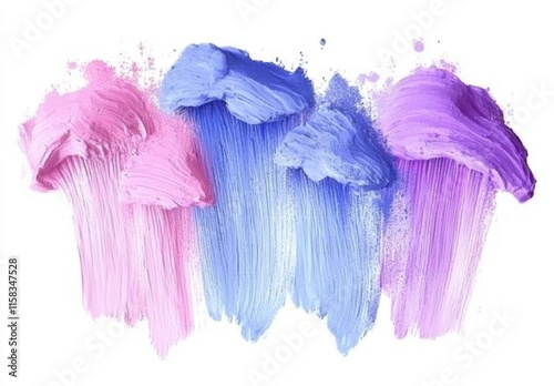 Abstract pastel pink, light blue, and purple paint strokes on white background.