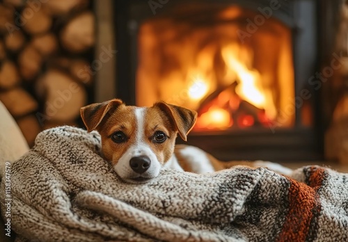 A cute Jack Russell Terrier dog lying on the sofa, covered with soft blankets and surrounded by a burning fireplace, with warm tones and a cozy atmosphere. The background is filled with stacked wooden