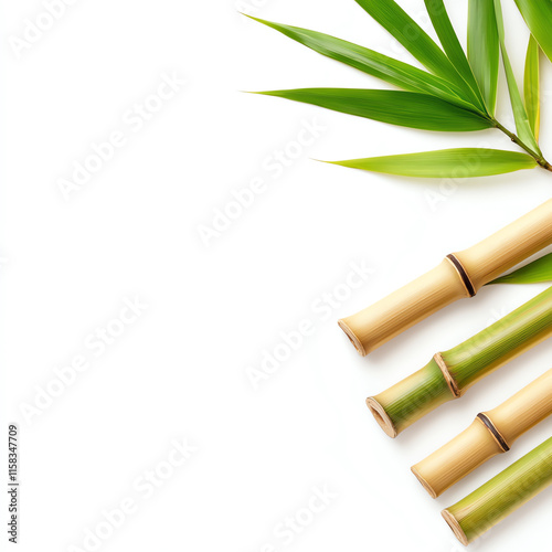 Bamboo stems with vibrant green leaves on a white background, showcasing natural beauty and tranquility.
