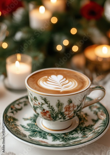 Elegant latte art in floral teacup with festive candlelit ambiance