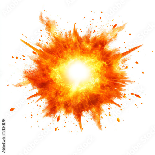 Bright explosion effect with fiery orange and yellow colors on a white isolated background. photo