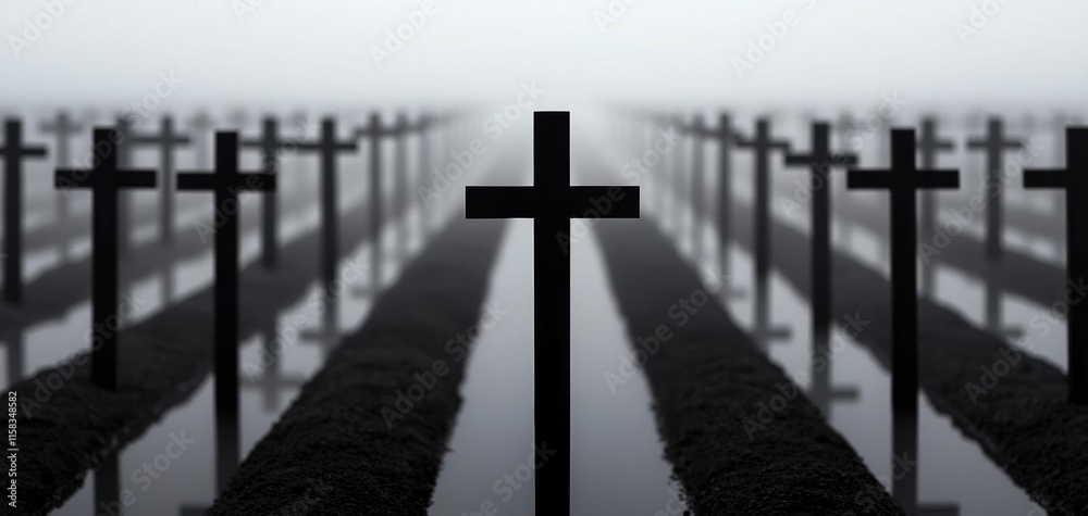 Naklejka premium A haunting landscape featuring numerous dark crosses emerging from a foggy background, symbolizing reflection and remembrance.