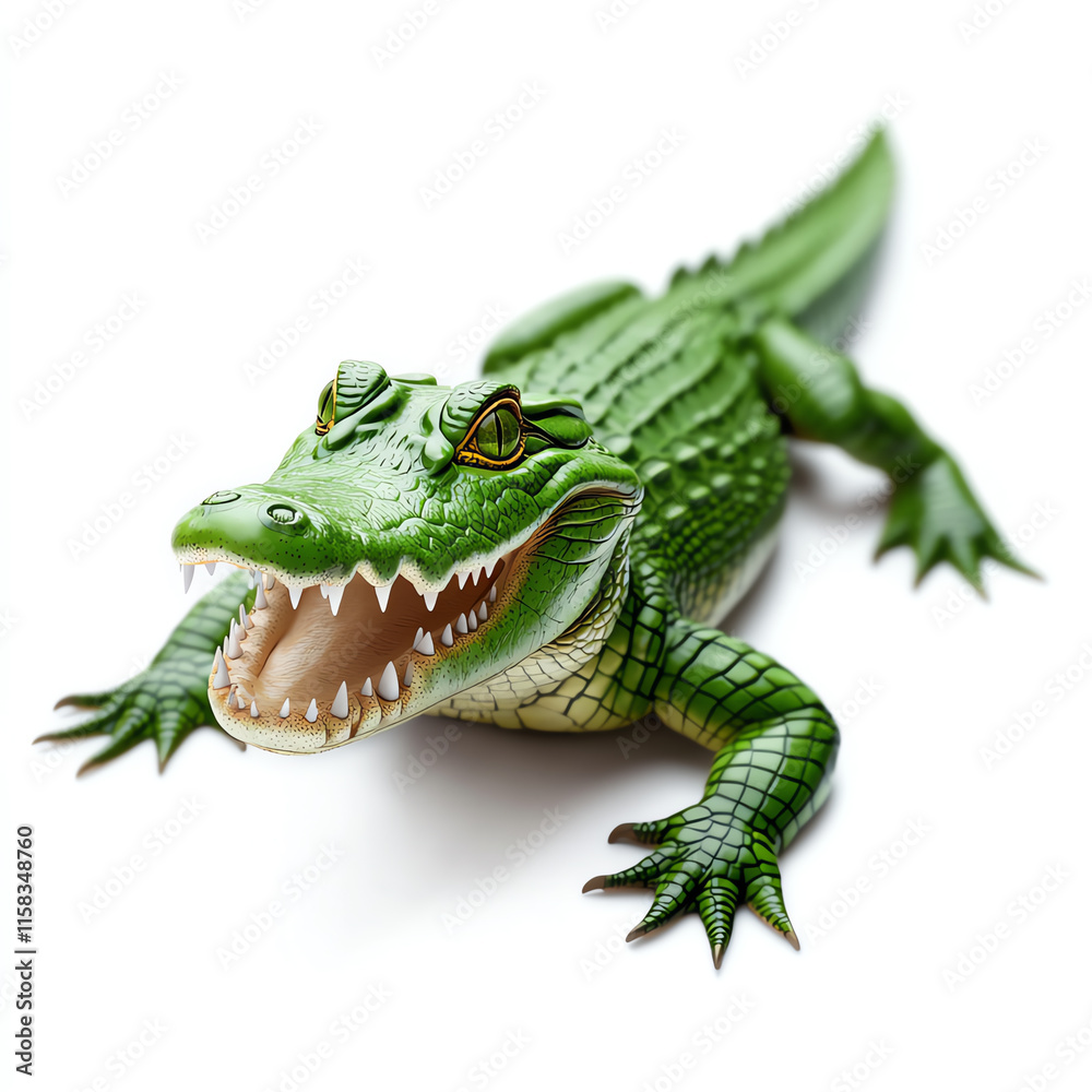 Obraz premium A detailed, green toy crocodile with bared teeth on a white isolated background.