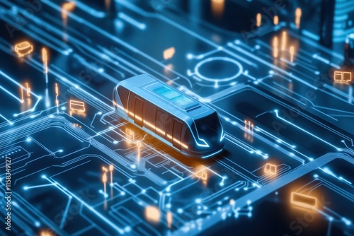 Futuristic Autonomous Vehicle on Digital Circuit Board Representing Advanced Transportation Technology in Smart Cities and Urban Mobility Innovations