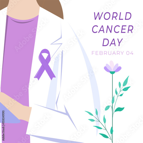 World cancer day banner with a doctor wearing purple ribbon and flower. Card, social media post, background, template. Vector illustration for awareness, support, survivor, medical healthcare concept.